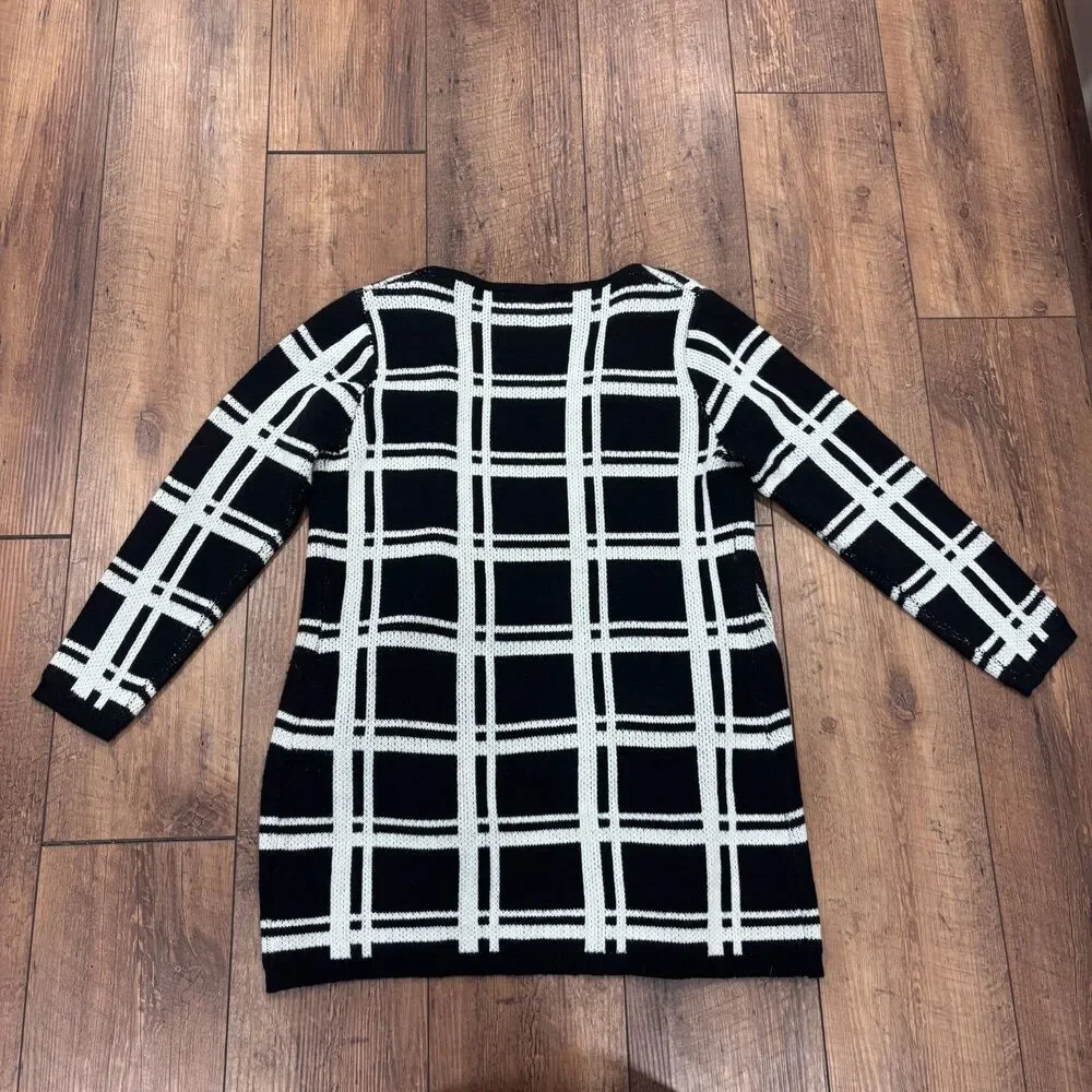 Lulumari Black White Stripe Plaid Open Cardigan Size M/L Elevated Basics Casual - Picture 7 of 7